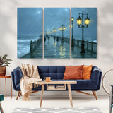 79606-MGV-CV-36X24-Rainy Pier Night Wall Art – Ocean Waves and Street Lamps Canvas Print, Moody Seascape Oil Painting Poster for Living Room,