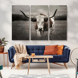 69238-MGV-CV-36X24-Longhorn Bull Wall Art – Rustic Black and White Texas Cattle Canvas Print, Western Farmhouse Animal Photography for Living Room,