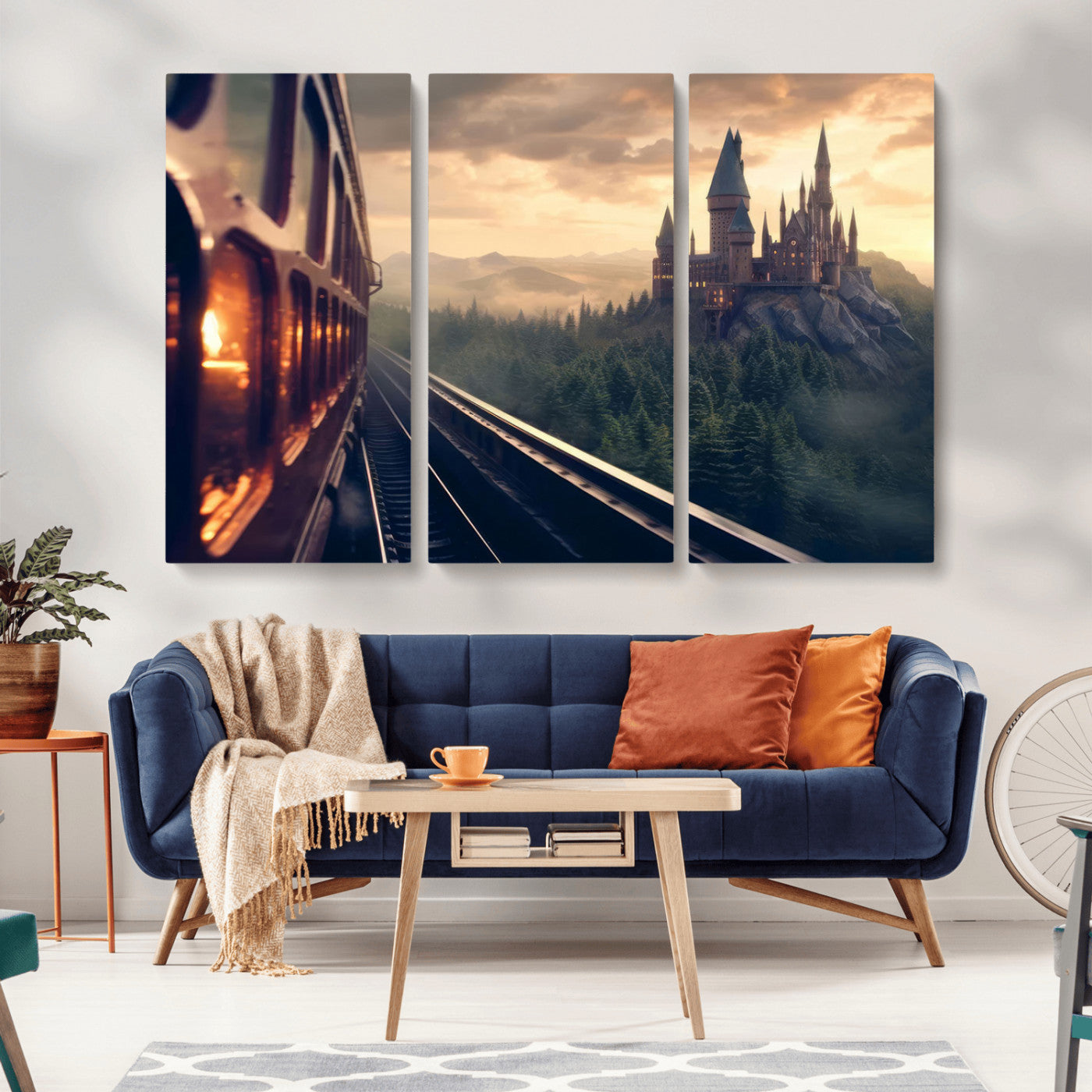 84029-MGV-CV-36X24-Fantasy Castle Wall Art – Magical Train Sunset Forest Canvas Print, Enchanted Landscape Painting Poster for Living Room, Bedroom,