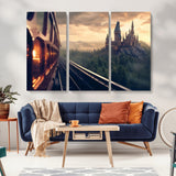 84029-MGV-CV-36X24-Fantasy Castle Wall Art – Magical Train Sunset Forest Canvas Print, Enchanted Landscape Painting Poster for Living Room, Bedroom,