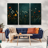 87037-MGV-CV-36X24-Wildflower Wall Art – Dark Botanical Floral Canvas Print, Modern Nature Painting Poster with Daisies Poppies Orange Flowers for