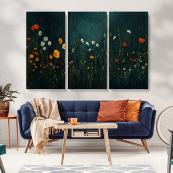 87037-MGV-CV-36X24-Wildflower Wall Art – Dark Botanical Floral Canvas Print, Modern Nature Painting Poster with Daisies Poppies Orange Flowers for
