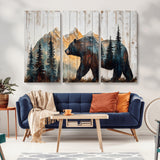 90077-MGV-CV-36X24-Wood Grizzly Bear Wall Art Canvas Print, Framed Abstract Bear Art Picture Print, Bear in Forest Perfect Rustic Lodge Decor Artwork