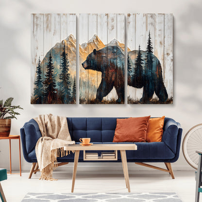 90077-MGV-CV-36X24-Wood Grizzly Bear Wall Art Canvas Print, Framed Abstract Bear Art Picture Print, Bear in Forest Perfect Rustic Lodge Decor Artwork
