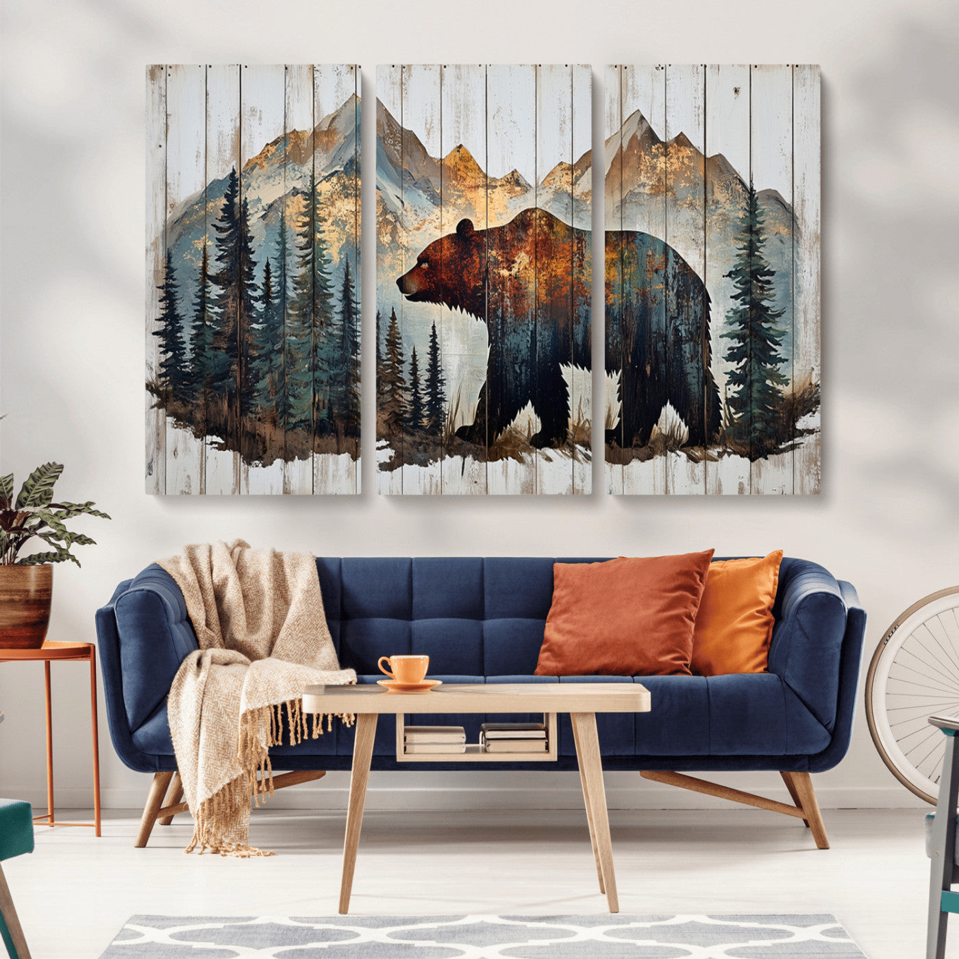 55777-MGV-CV-36X24-Rustic Bear Wall Art Canvas Print, Framed Mountain and Forest Art Picture Print, Wooden Bear Perfect Rustic Lodge Decor Artwork