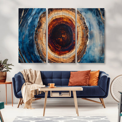 30457-MGV-CV-36X24-Tree Ring Abstract Wall Art – Blue and Brown Wood Grain Canvas Print, Modern Nature Inspired Painting for Rustic Living Room,