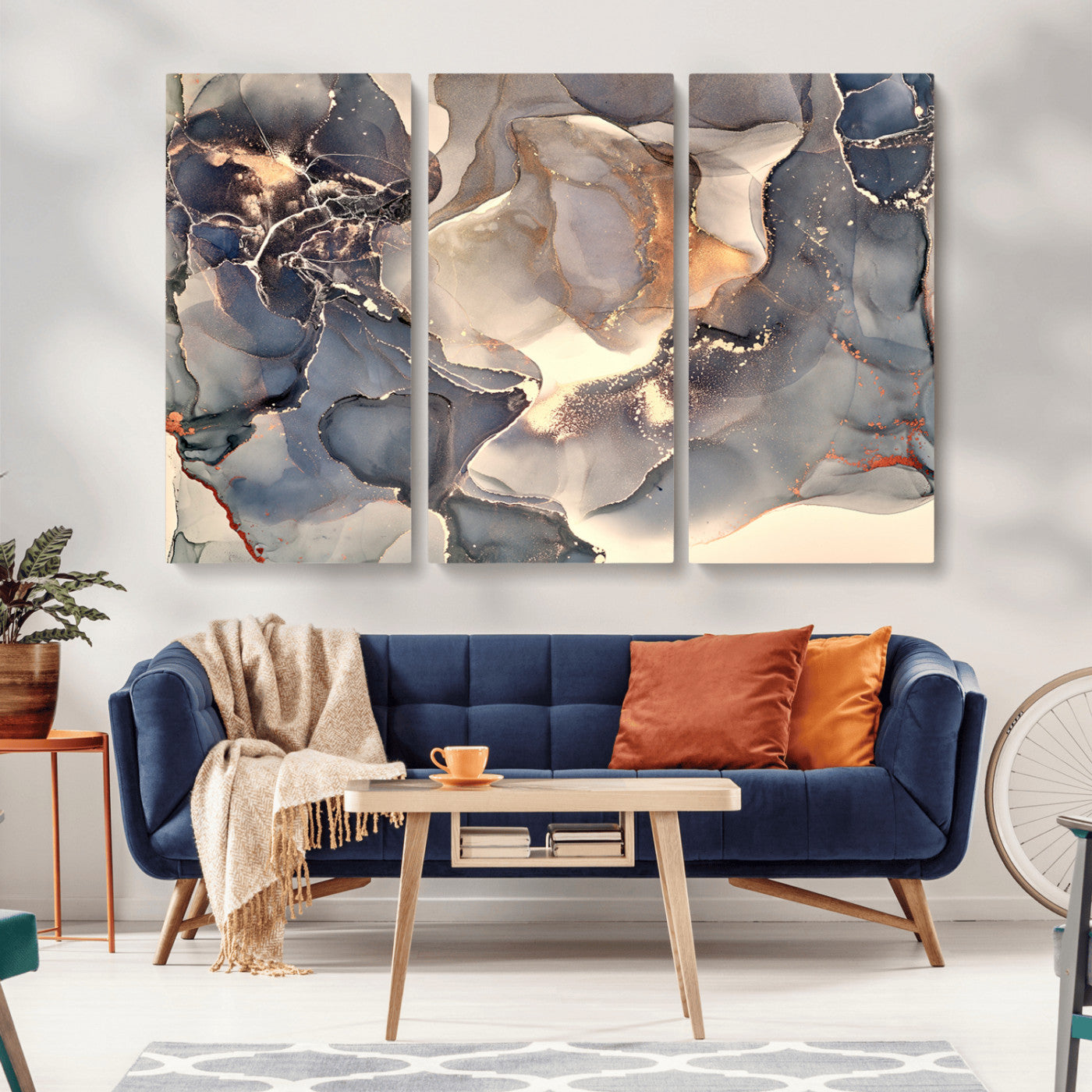 18202-MGV-CV-36X24-Abstract Neutral Wall Art – Blue, Beige and Gold Fluid Ink Canvas Print, Modern Minimalist Painting for Living Room, Office