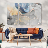 18176-MGV-CV-36X24-Abstract Fluid Wall Art – Modern Marble Ink Canvas Print with Blue, Gold, and Gray Tones, Contemporary Minimal Artwork Decor for