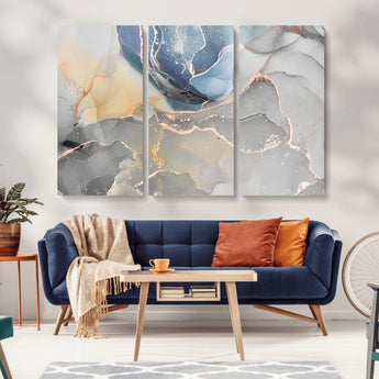 18176-MGV-CV-36X24-Abstract Fluid Wall Art – Modern Marble Ink Canvas Print with Blue, Gold, and Gray Tones, Contemporary Minimal Artwork Decor for