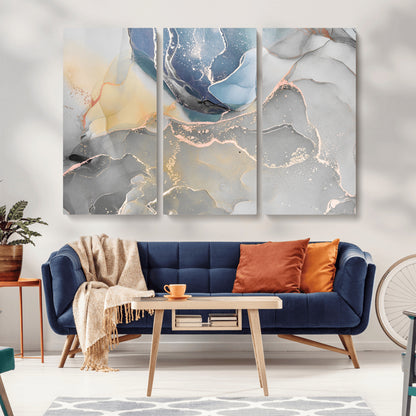 18176-MGV-CV-36X24-Abstract Fluid Wall Art – Modern Marble Ink Canvas Print with Blue, Gold, and Gray Tones, Contemporary Minimal Artwork Decor for
