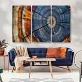 10583-MGV-CV-36X24-Tree Ring Wall Art – Abstract Wood Grain Canvas Print with Blue and Brown Tones, Nature Inspired Rustic Artwork for Living Room,