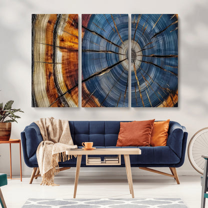 10583-MGV-CV-36X24-Tree Ring Wall Art – Abstract Wood Grain Canvas Print with Blue and Brown Tones, Nature Inspired Rustic Artwork for Living Room,