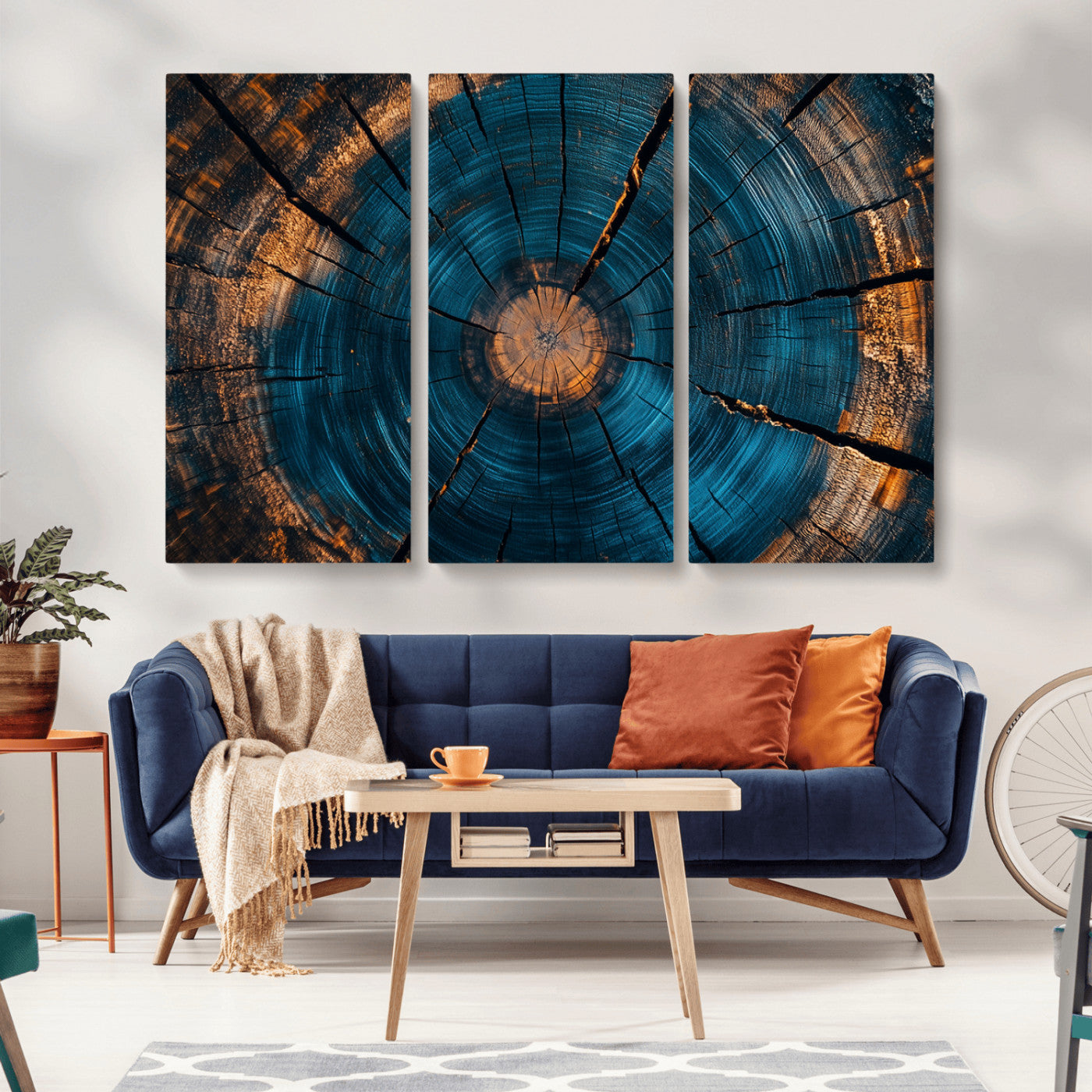 13398-MGV-CV-36X24-Tree Ring Wall Art – Abstract Wood Grain Canvas Print with Blue and Orange Accents, Rustic Nature Inspired Artwork for Living