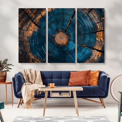 13398-MGV-CV-36X24-Tree Ring Wall Art – Abstract Wood Grain Canvas Print with Blue and Orange Accents, Rustic Nature Inspired Artwork for Living