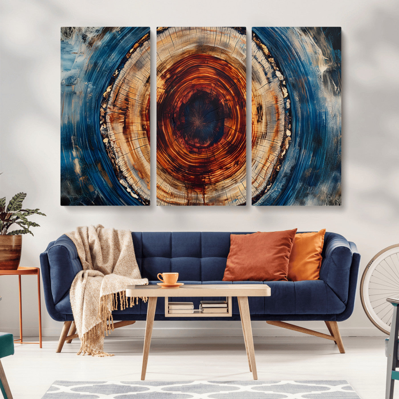 90395-MGV-CV-36X24-Tree Ring Wall Art – Abstract Wood Grain Canvas Print with Fiery Red and Blue Tones, Bold Rustic Nature Inspired Artwork Decor for