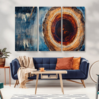 48045-MGV-CV-36X24-Tree Ring Abstract Wall Art – Rustic Wood Grain Canvas Print with Brown Center and Blue Brush Strokes, Nature Inspired Artwork for