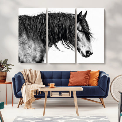 57694-MGV-CV-36X24-Horse Portrait Wall Art – Black and White Canvas Print with Detailed Stallion Profile, Rustic Farmhouse Equestrian Artwork for