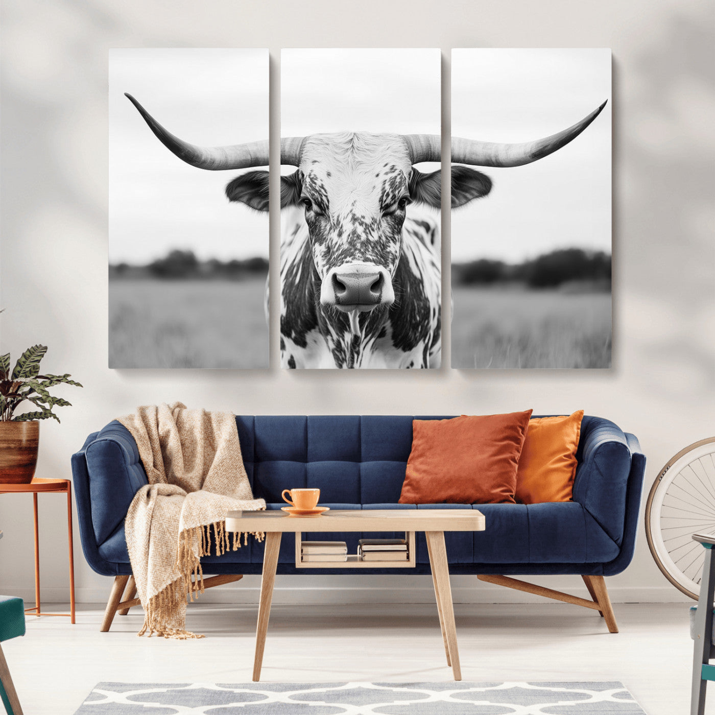 20272-MGV-CV-36X24-Texas Longhorn Wall Art – Black and White Cowboy Western Canvas Print, Rustic Farmhouse Cattle Photography Decor for Ranch, Barn