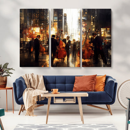 58782-MGV-CV-36X24-Jazz Musicians Cityscape Wall Art – Vibrant Urban Night Canvas Print, Elegant Music Themed Decor for Living Room, Office, or Music
