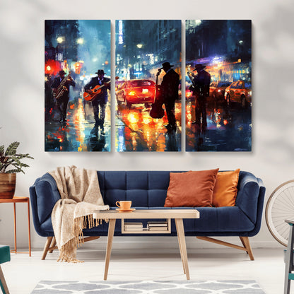 94605-MGV-CV-36X24-City Jazz Night Wall Art – Vibrant Music Canvas Print Featuring Saxophone, Guitar and Bass Players, Urban Street Scene Artwork for