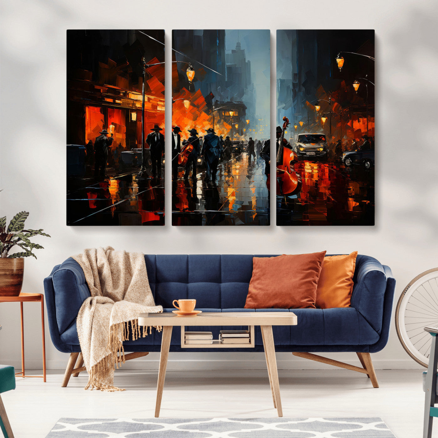 46538-MGV-CV-36X24-Urban Jazz Night Wall Art – Dramatic Music Canvas Print with Double Bass and Street Musicians, Modern City Scene Artwork for