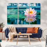 65933-MGV-CV-36X24-Pink Water Lily Wall Art – Lotus Flower Canvas Print with Reflection on Calm Water, Peaceful Botanical Artwork for Living Room,