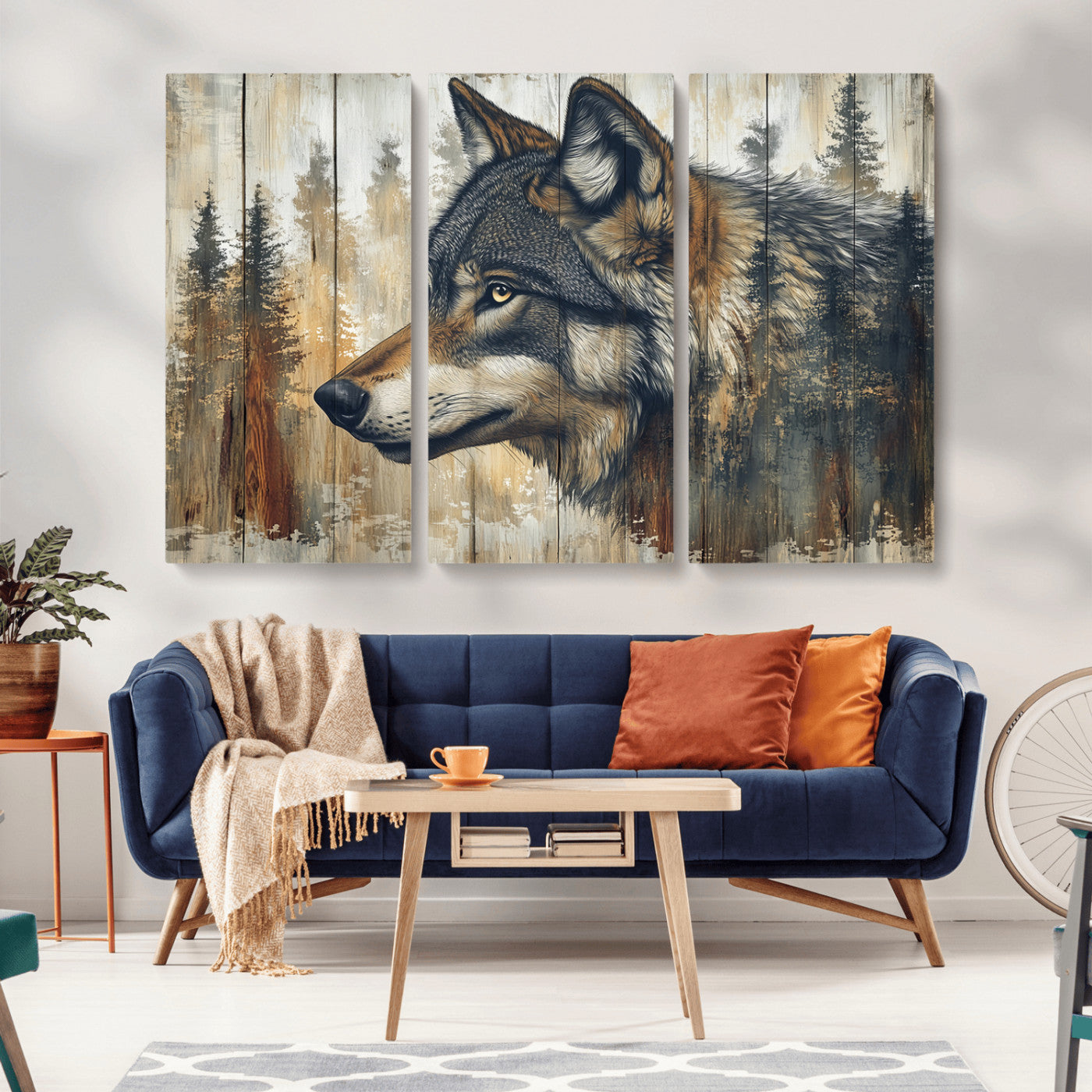 91882-MGV-CV-36X24-Wolf Wall Art – Rustic Canvas Print of Forest Wolf on Wood Background, Wildlife Lodge Artwork for Living Room, Bedroom, Cabin, or