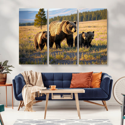 43400-MGV-CV-48X32-3P-Bear Family Wall Art – Wildlife Canvas Print of Mother Bear with Cubs in Sunlit Meadow, Rustic Animal Artwork for Living Room,