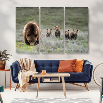 40555-MGV-CV-36X24-Bear Family Wall Art – Wildlife Canvas Print of Mother Bear with Four Cubs in Nature, Rustic Animal Artwork for Living Room,