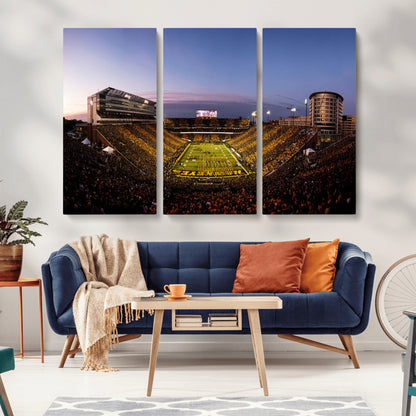 82557-MGV-CV-48X32-3P-College Football Stadium Wall Art – Panoramic Sunset Canvas Print with Marching Band and Game Day Crowd, Sports Artwork for Man