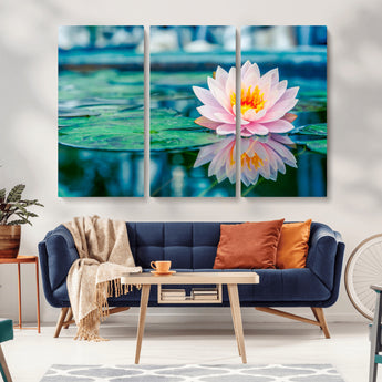 30320-MGV-CV-36X24-Pink Water Lily Wall Art – Lotus Flower Canvas Print with Reflection Water, Peaceful Botanical Artwork for Living Room, Bedroom,