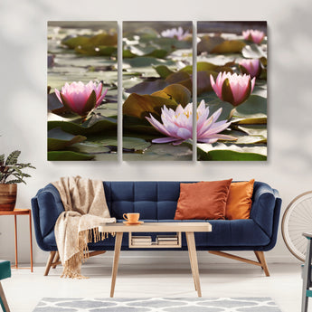 28394-MGV-CV-36X24-Water Lily Pond Wall Art – Pink Lotus Flowers Canvas Print with Green Lily Pads, Peaceful Botanical Artwork for Living Room,
