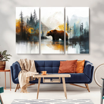 50308-MGV-CV-36X24-Abstract Rustic Bear Wall Art – Forest and Mountain Scene Canvas Print, Nature Artwork for Modern Farmhouse or Log Cabin Decor
