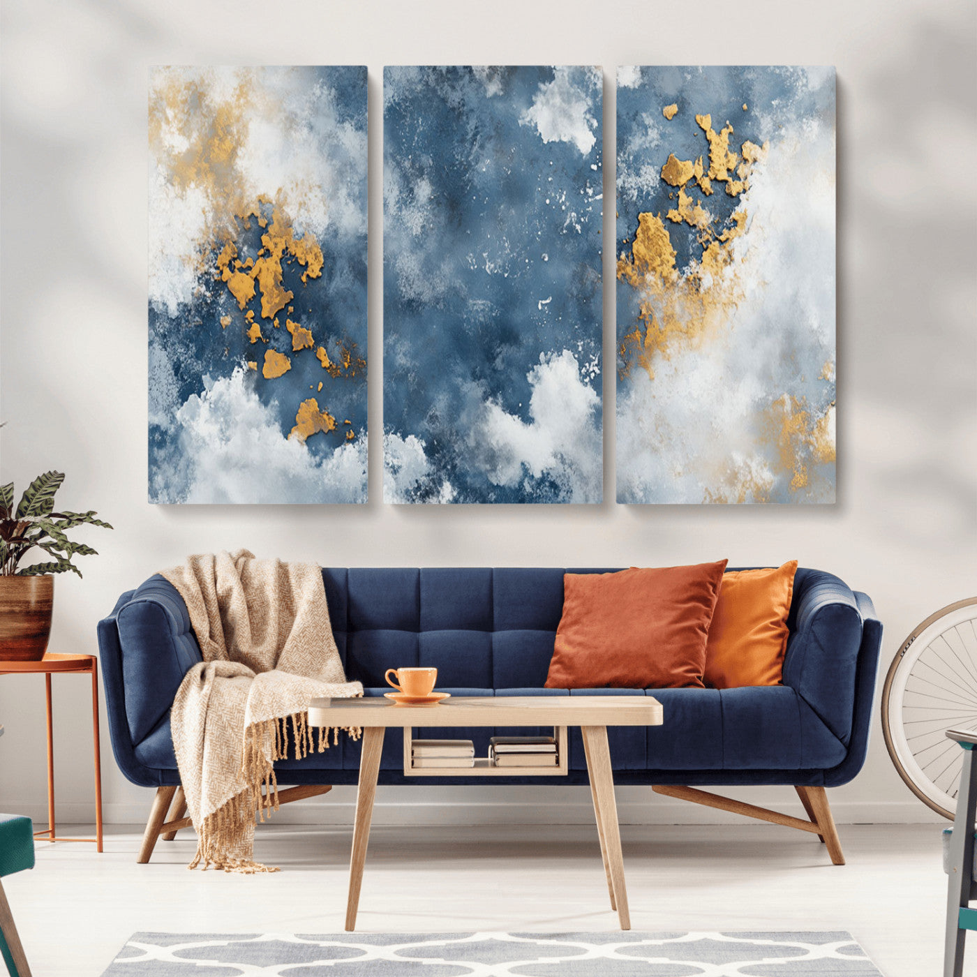 39575-MGV-CV-36X24-Blue and Gold Abstract Wall Art – Modern Canvas Print Featuring Cloudy Textures with Metallic Accents, Contemporary Artwork for