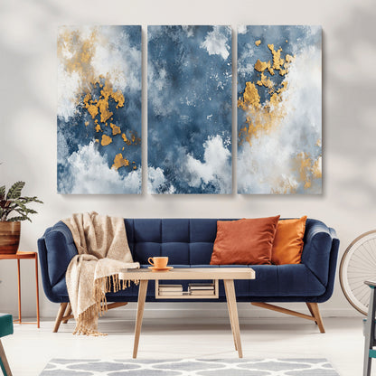 39575-MGV-CV-36X24-Blue and Gold Abstract Wall Art – Modern Canvas Print Featuring Cloudy Textures with Metallic Accents, Contemporary Artwork for