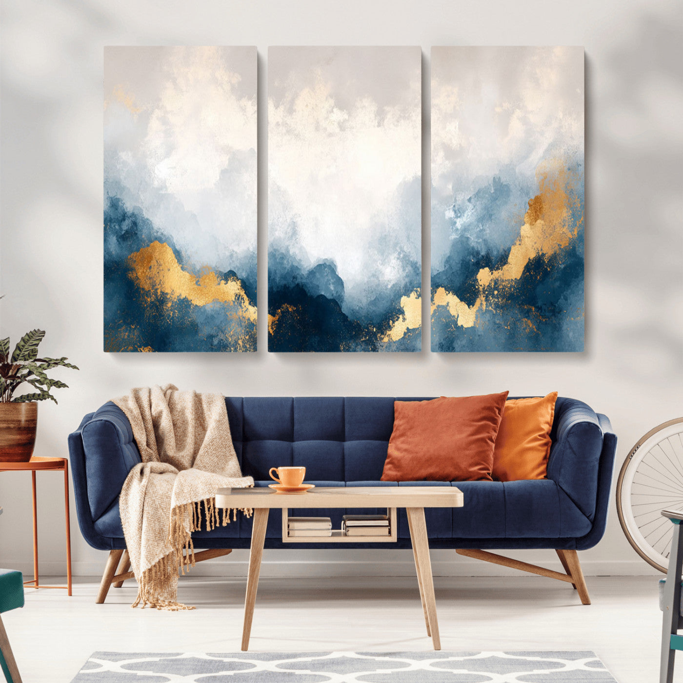 14578-MGV-CV-36X24-Abstract Wall Art – Modern Canvas Print Featuring Blue and White Clouds with Golden Accents, Contemporary Elegant Artwork for