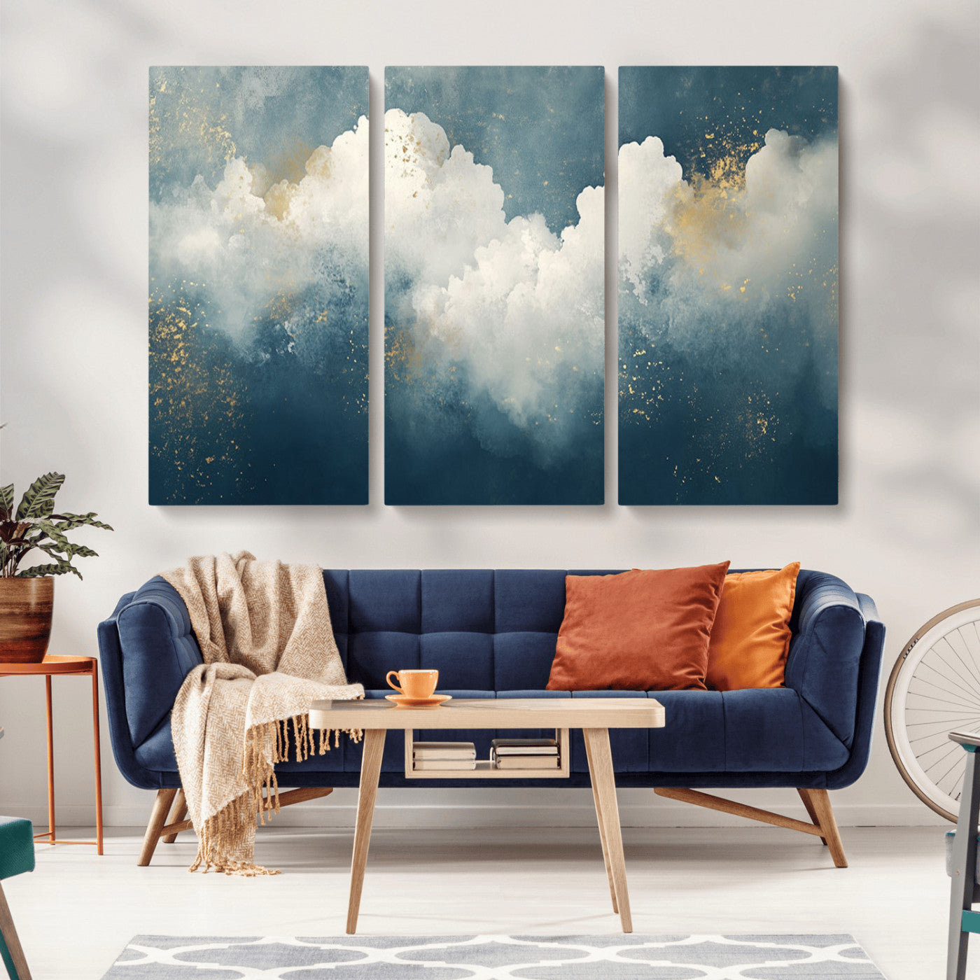 75131-MGV-CV-36X24-Abstract Cloud Wall Art – Modern Canvas Print Featuring Blue and White Clouds with Golden Accents, Contemporary Artwork for Living