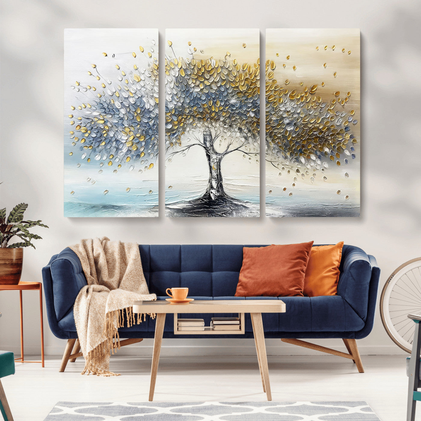24771-MGV-CV-36X24-Silver Tree Wall Art Canvas Print, Framed Golden Leaves Art Picture Print, Metallic Tree Perfect Minimalist Luxury Decor Artwork