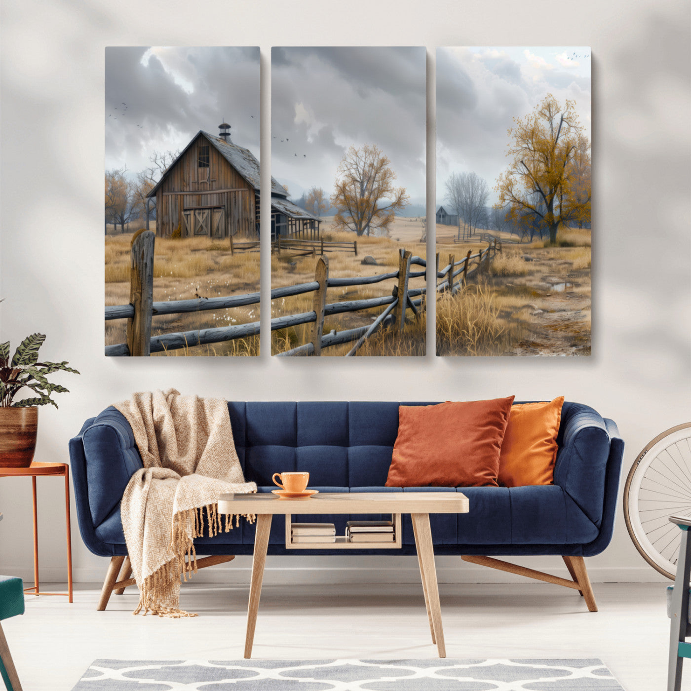 Farm1-MGV-CV-36X24-Rustic Autumn Farmhouse Wall Art – Serene Countryside Scene Canvas Print, Weathered Barn and Autumn Trees Decor for Living Room,