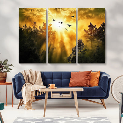 13776802-MGV-CV-36X24-Golden Forest Wall Art Canvas Print, Framed Sunset Pines Art Picture Print, Flying Birds Perfect Nature Glow Decor Artwork