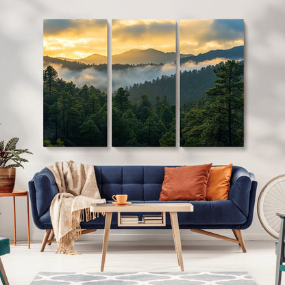 68082278-MGV-CV-36X24-Mountain Sunrise Wall Art Canvas Print, Framed Pine Forest Art Picture Print, Misty Mountains Perfect Earthy Woodland Decor