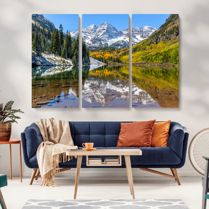 87724099-MGV-CV-36X24-Maroon Bells Wall Art Canvas Print, Framed Snowy Mountains Art Picture Print, Pine Forest Perfect Vibrant Alpine Decor Artwork