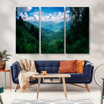 74439378-MGV-CV-48X32-3P-Tropical Jungle Wall Art Canvas Print, Framed Lush Valley Art Picture Print, Forest Mountains Perfect Tropical Wilderness Decor