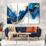 33506371-MGV-CV-36X24-Blue Marble Wall Art Canvas Print, Framed Gold Splash Art Picture Print, Abstract Wave Perfect Modern Luxe Decor Artwork