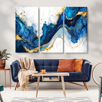 33506371-MGV-CV-36X24-Blue Marble Wall Art Canvas Print, Framed Gold Splash Art Picture Print, Abstract Wave Perfect Modern Luxe Decor Artwork