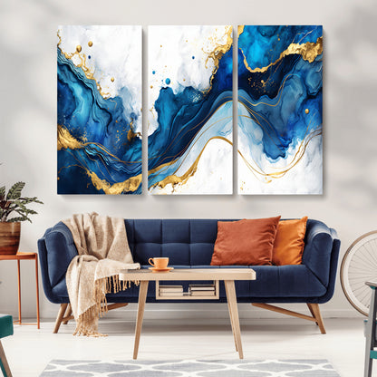 33506371-MGV-CV-36X24-Blue Marble Wall Art Canvas Print, Framed Gold Splash Art Picture Print, Abstract Wave Perfect Modern Luxe Decor Artwork