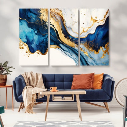 60283636-MGV-CV-36X24-Blue Gold Flow Wall Art Canvas Print, Framed Marble Texture Art Picture Print, Elegant Splash Perfect Elegant Abstract Decor