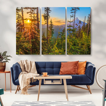 83544043-MGV-CV-36X24-Forest Sunset Wall Art Canvas Print, Framed Sunset Trees Art Picture Print, Green Pines Perfect Rustic Nature Decor Artwork
