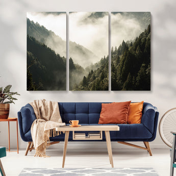 57570237-MGV-CV-36X24-Misty Valley Wall Art Canvas Print, Framed Foggy Forest Art Picture Print, Pine Trees Perfect Moody Woodland Decor Artwork