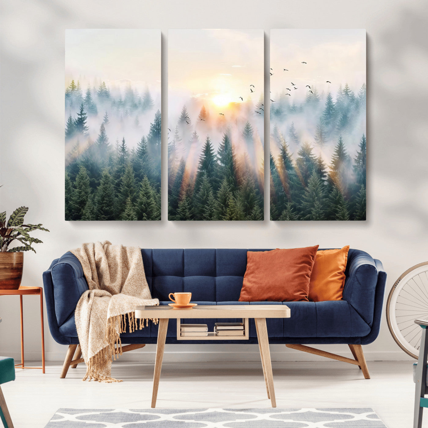 92718976-MGV-CV-36X24-Misty Forest Wall Art Canvas Print, Framed Sunrise Pines Art Picture Print, Foggy Woodland Perfect Moody Woodland Decor Artwork